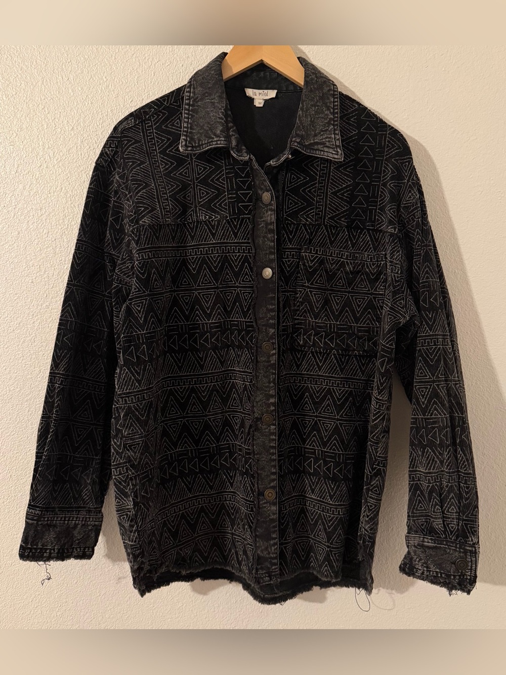 La Miel Shaket Jacket Southwestern Fringe Button Denim Courdaroy Shirt Black MD - Picture 4 of 12